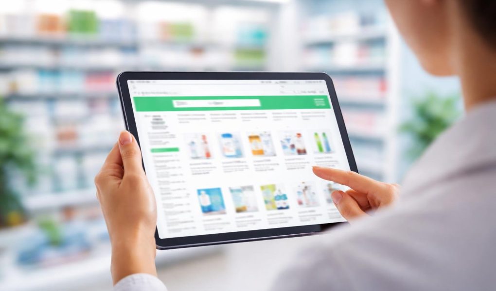personne-tablette-pharmacie-en-ligne-etageres