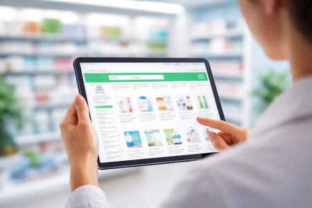 personne-tablette-pharmacie-en-ligne-etageres