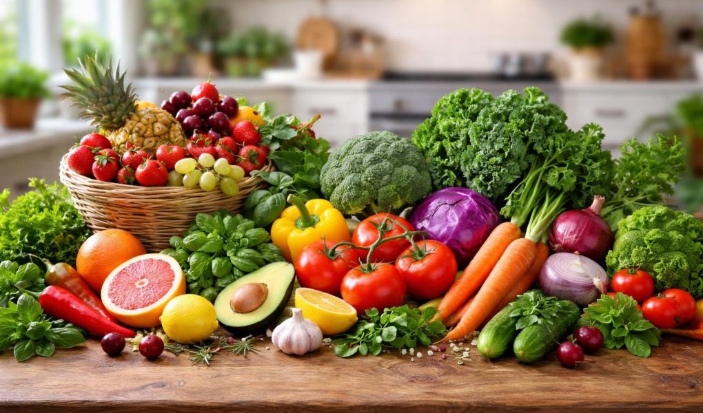 table-bois-fruits-legumes-herbes